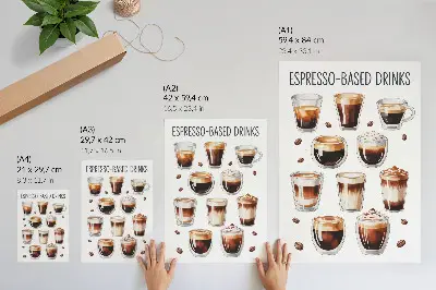 Hållbar väggposter med eleganta koppar fyllda av espresso och mjölkkaffe