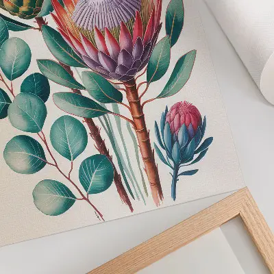 Poster med motiv av exotiska proteablommor och gröna blad
