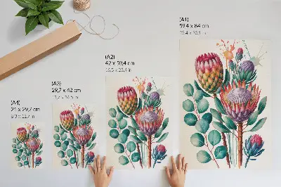 Poster med motiv av exotiska proteablommor och gröna blad