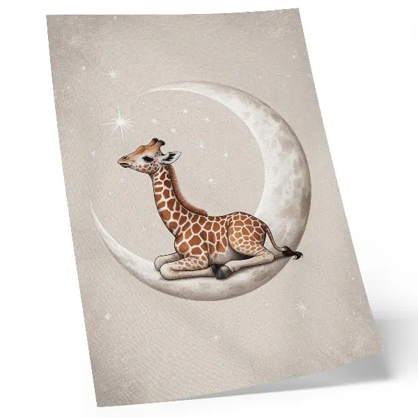 Hållbar väggposter med en tecknad giraff på månen omgiven av stjärnor