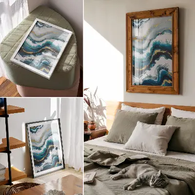 Väggaffisch turkosa vågor med guldfärgade accenter i modern stil