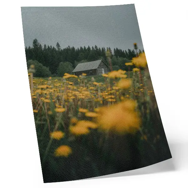 Hållbar väggposter rustik stuga i skogen med gula blommor och oskarp bakgrund