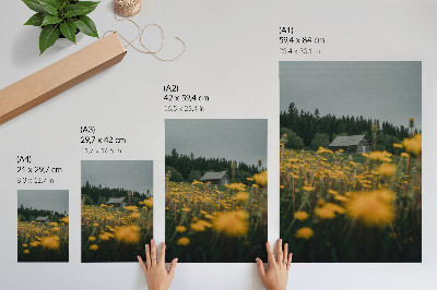 Hållbar väggposter Rustik stuga skog gula blommor oskärpa