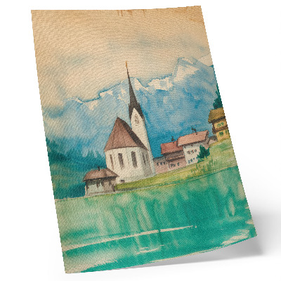 Dekorativ väggaffisch Kyrka i bergen akvarell fred natur