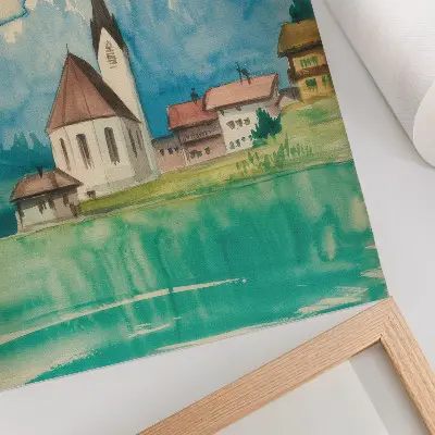 Dekorativ väggaffisch akvarellmotiv av kyrka i bergen med naturtema