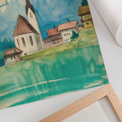 Dekorativ väggaffisch Kyrka i bergen akvarell fred natur