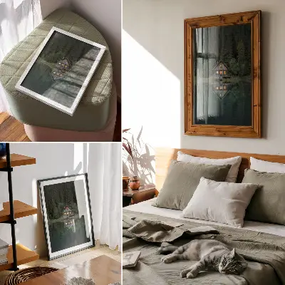 Poster fjällstuga med naturvy och reflektioner