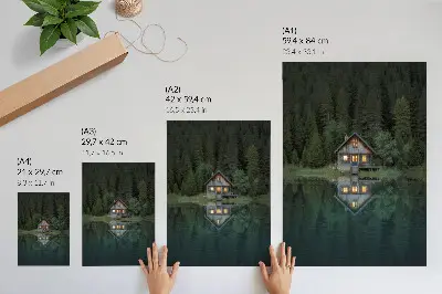 Poster fjällstuga med naturvy och reflektioner