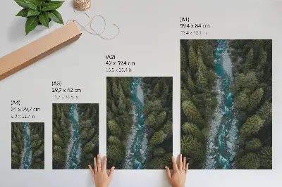 Väggposter grön skogsflod med naturlig harmoni