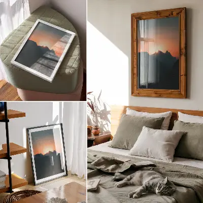 Hållbar väggposter med motiv av berg vid en magisk solnedgång