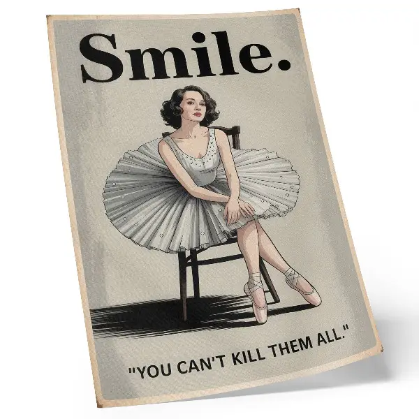 Väggaffisch Ballerina i tyllklänning med nostalgisk svart text