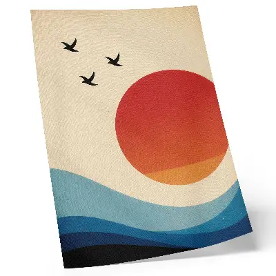 Poster abstrakta blå vågor med stor sol och fåglar