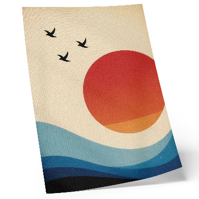 Poster Abstraktion stor sol blå vågor fåglar