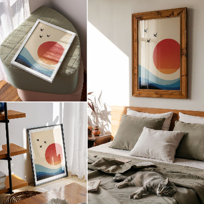 Poster Abstraktion stor sol blå vågor fåglar