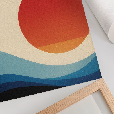Poster Abstraktion stor sol blå vågor fåglar