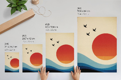Poster Abstraktion stor sol blå vågor fåglar