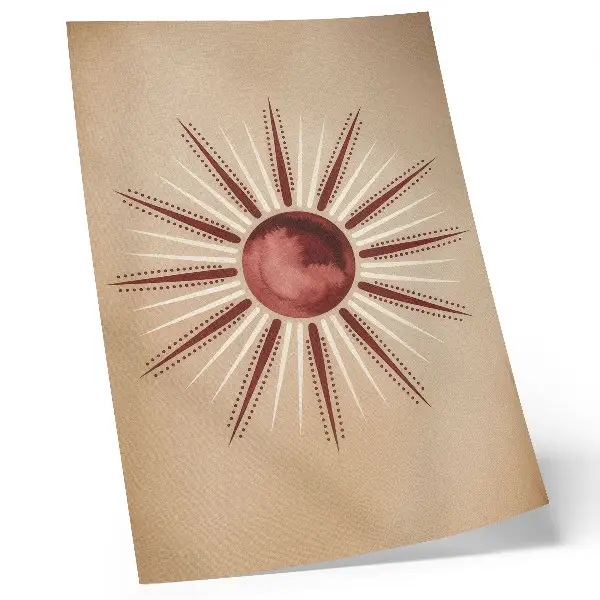 Affisch med motiv av strålande sol i boho-stil och varma toner