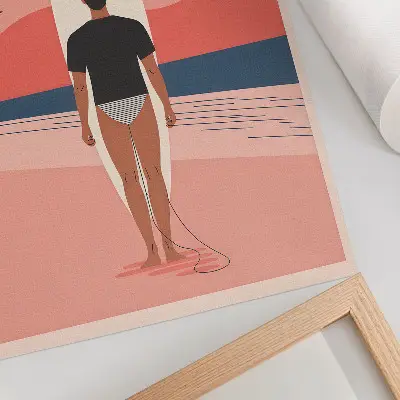 Poster med motiv av en surfbräda på en lugn och avkopplande strand