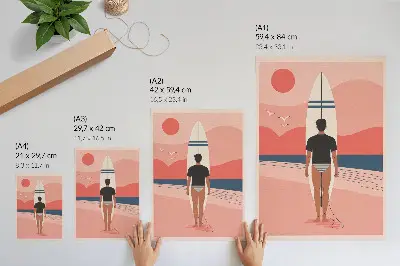 Poster med motiv av en surfbräda på en lugn och avkopplande strand
