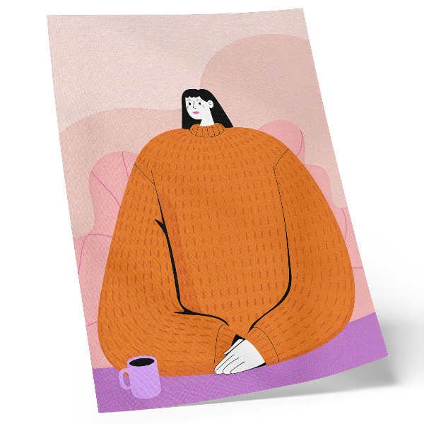 Affisch Grafik av en karaktär i en orange tröja mot en rosa bakgrund