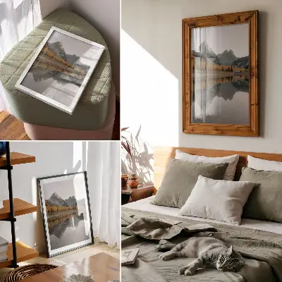 Poster med motiv av en lugn sjö, höstträd och reflektioner av berg