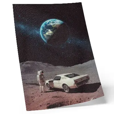 Poster med motiv av astronaut på månen med jorden och stjärnor