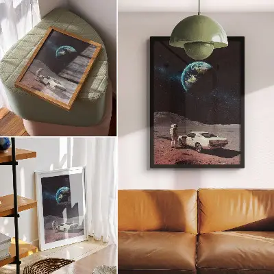 Poster med motiv av astronaut på månen med jorden och stjärnor