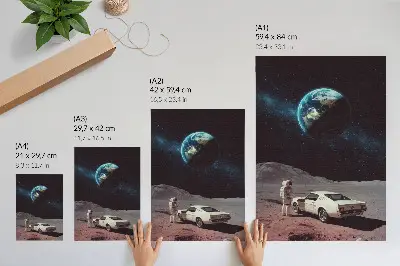 Poster med motiv av astronaut på månen med jorden och stjärnor