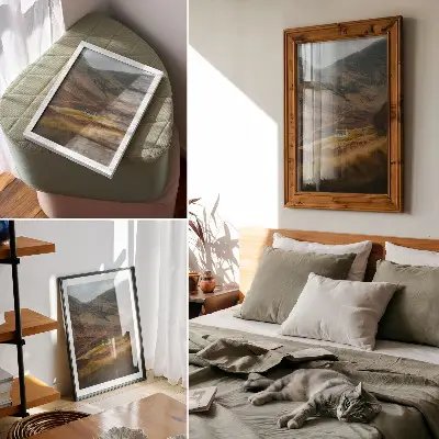 Poster bergslandskap med en ensam stuga i naturen