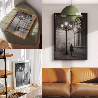 Hållbar väggposter Svartvit arkitektur med en lykta på natten
