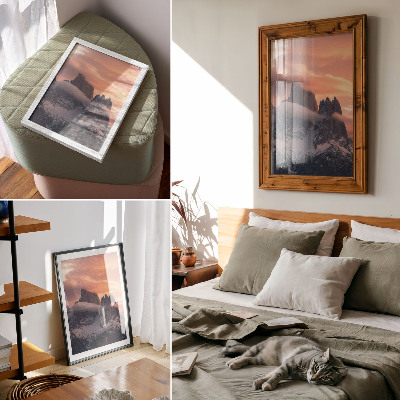 Poster Solnedgången berg dimma harmoni mysterium