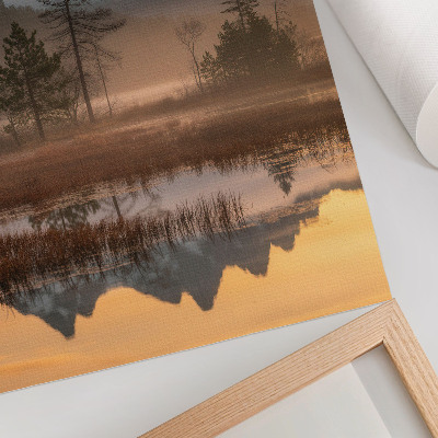 Affisch Berg, träd, dimma, lugnt vatten, reflektion