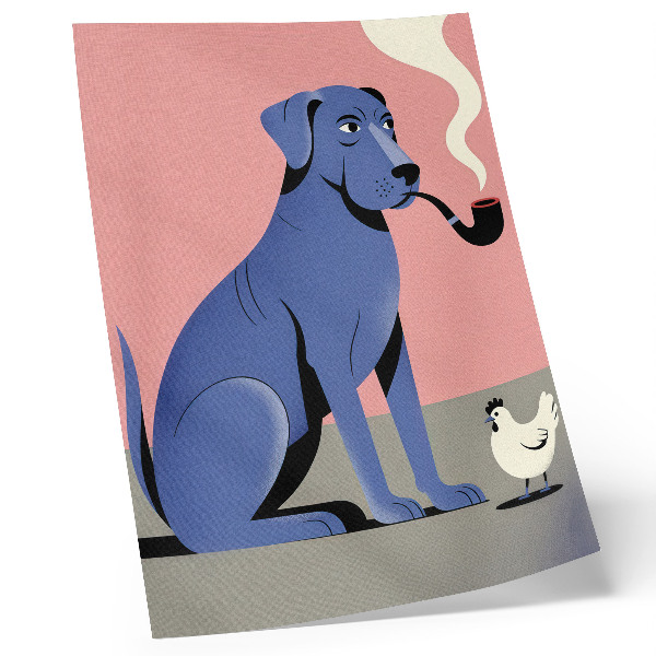 Hållbar väggposter Blå hund med rörhöna rosa bakgrund