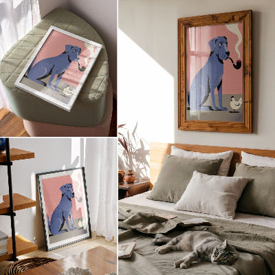 Hållbar väggposter Blå hund med rörhöna rosa bakgrund