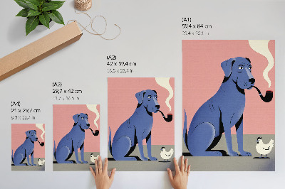 Hållbar väggposter Blå hund med rörhöna rosa bakgrund