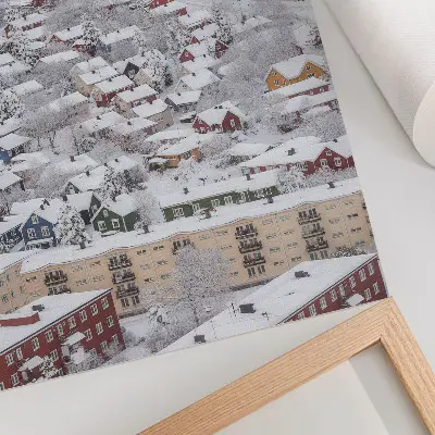 Dekorativ väggaffisch med motiv av färgglada hus i ett harmoniskt vinterlandskap med berg