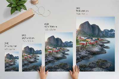 Hållbar väggposter stugor vid havet berg fred natur landskap