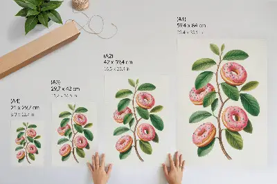 Poster med rosa knoppar och gröna blad på en kvist med humoristiskt motiv