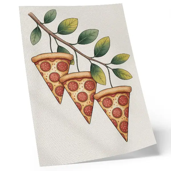 Hållbar väggposter med motiv av pizzaskivor på en trädgren i glada färger