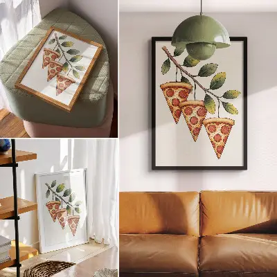 Hållbar väggposter med motiv av pizzaskivor på en trädgren i glada färger