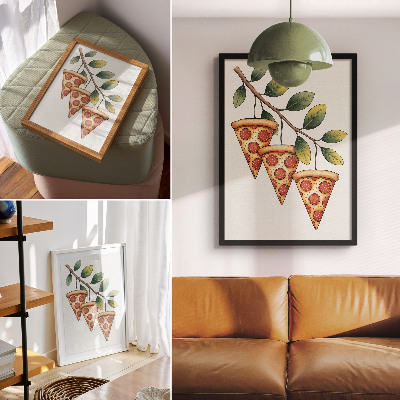 Hållbar väggposter Pizzaskivor på en trädgren i glada färger