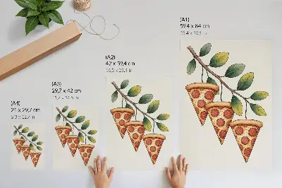 Hållbar väggposter med motiv av pizzaskivor på en trädgren i glada färger