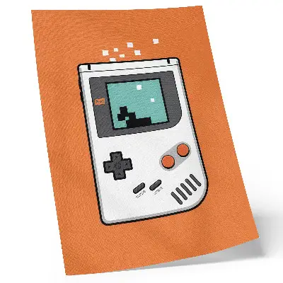 Väggaffisch retro konsol med pixelgrafik på orange bakgrund