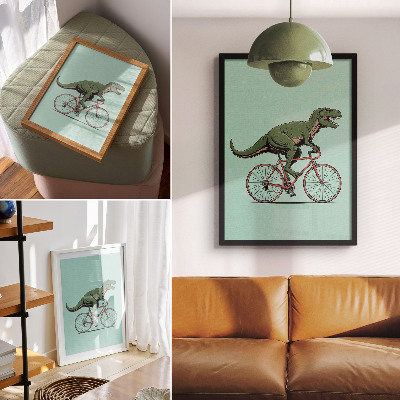 Poster Grön dinosaurie på en cykel mot en turkos bakgrund