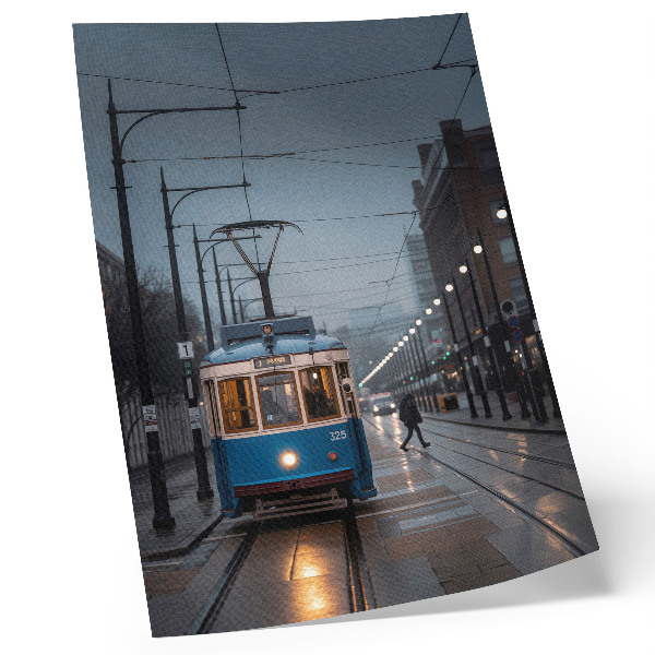 Hållbar väggposter Blå spårvagn regnig dag stadsliv