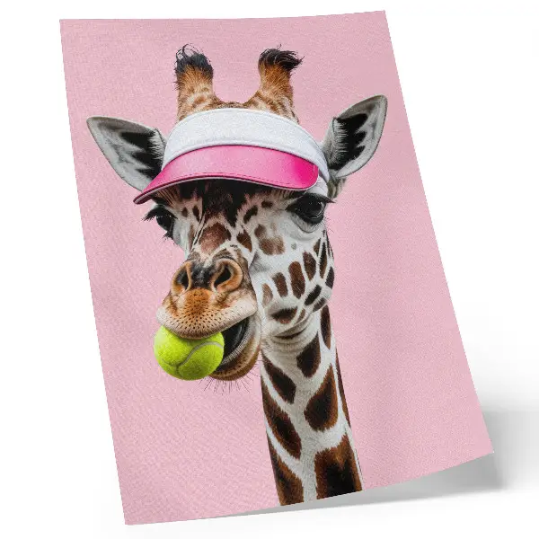 Affisch rolig giraff med mössa och tennisboll