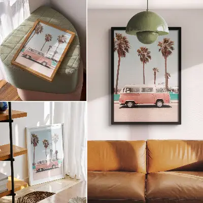Väggposter rosa bil med blå himmel och höga palmer