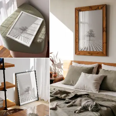 Poster träd i snön med minimalistiskt vinterlandskap