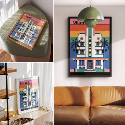 Dekorativ väggaffisch Art déco tropiska färger palmer energi Miami