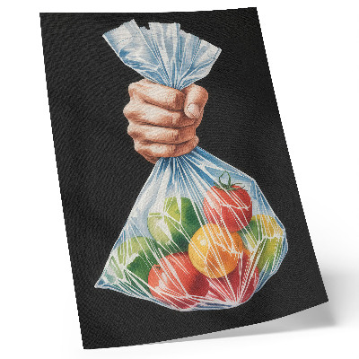 Hållbar väggposter En hand med en plastpåse full av färgglad frukt